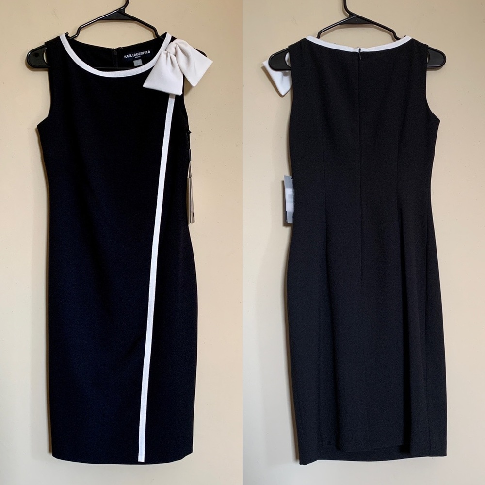 KARL LAGERFELD SLEEVELESS BLACK AND WHITE DRESS WITH BOW, NWT, size 0